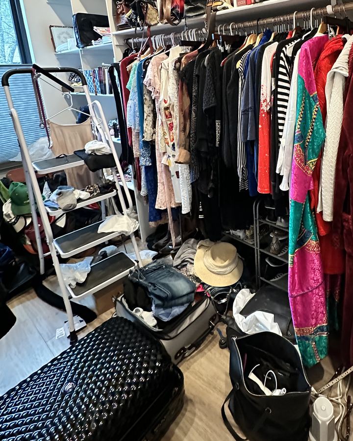 Before: a closet with bags, shoes and clothes spread across the floor