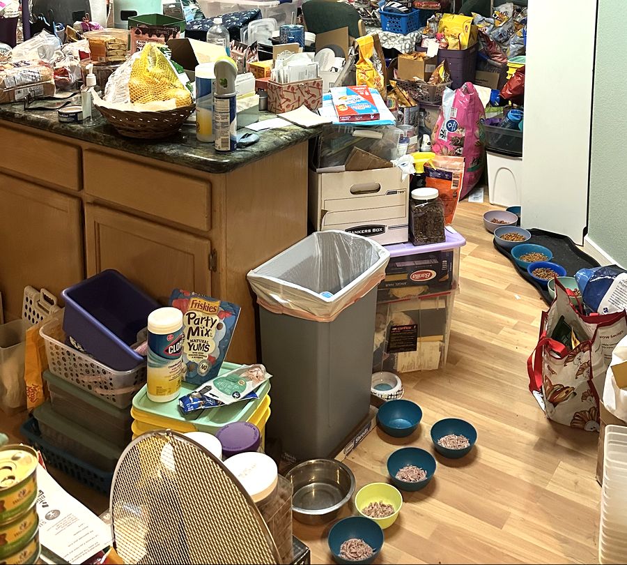 Before: a kitchen with the floor and island buried in boxes, bags and supplies