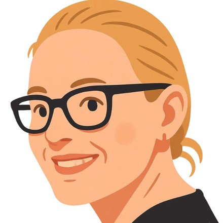 Illustrated portrait of Kelli smiling, wearing black glasses
