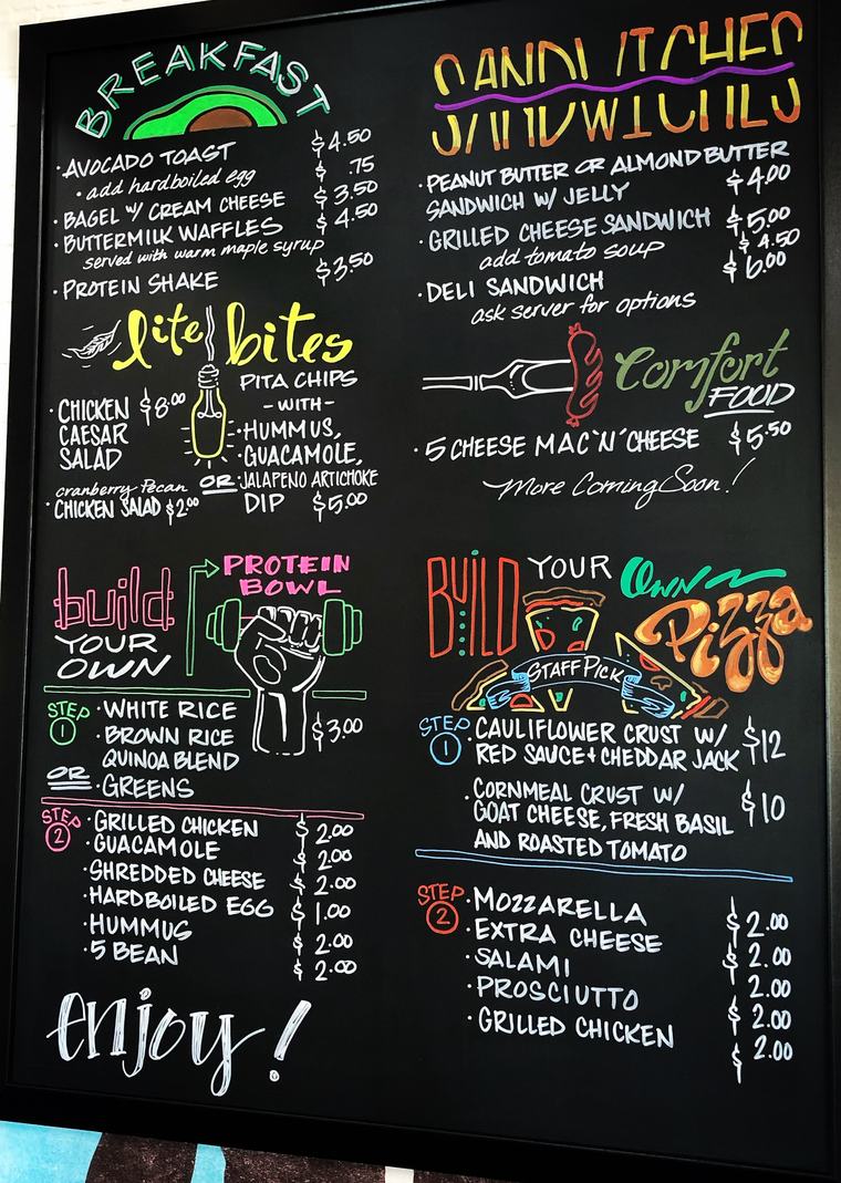 Large colorful hand-lettered café menu board with illustrations