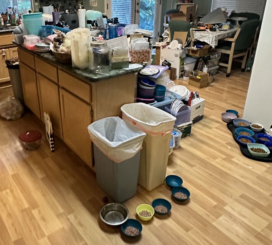 Progress: the same kitchen with the floor cleared and a walkable path restored